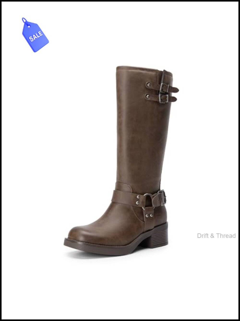 Women's Moto Knee High Boots Square Toe Buckle Faux Leather